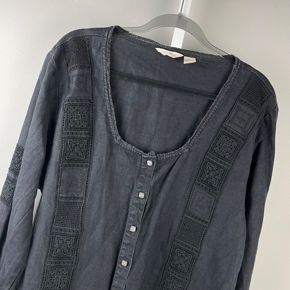 J. Jill Linen Tunic Top Womens XL Black Embroidered Button Up Lagenlook Coastal